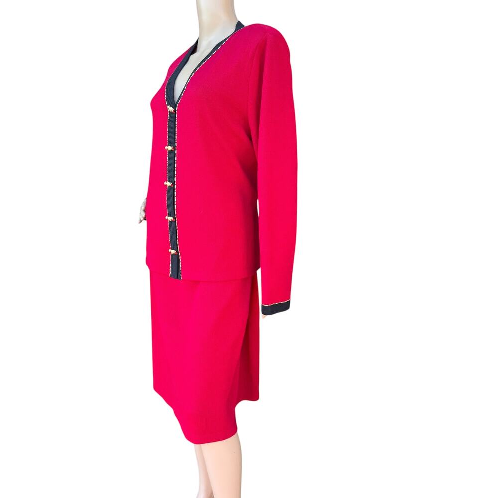 St. John Collection Red & Black Santana Knit Suit Skirt Jkt 12 Skrt 16 - Picture 12 of 16